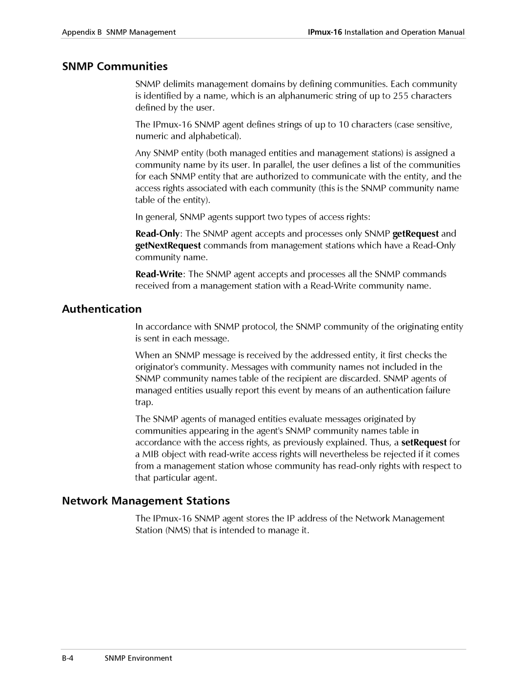 RAD Data comm IPmux-16 operation manual Snmp Communities, Authentication, Network Management Stations 