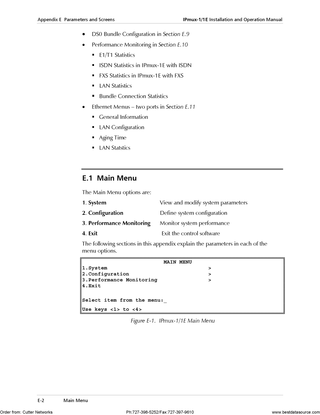 RAD Data comm IPmux-1E operation manual Main Menu, System, Configuration, Performance Monitoring, Exit 