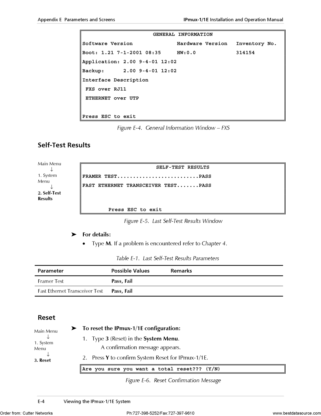 RAD Data comm IPmux-1E operation manual Reset, For details, Table E-1. Last Self-Test Results Parameters 