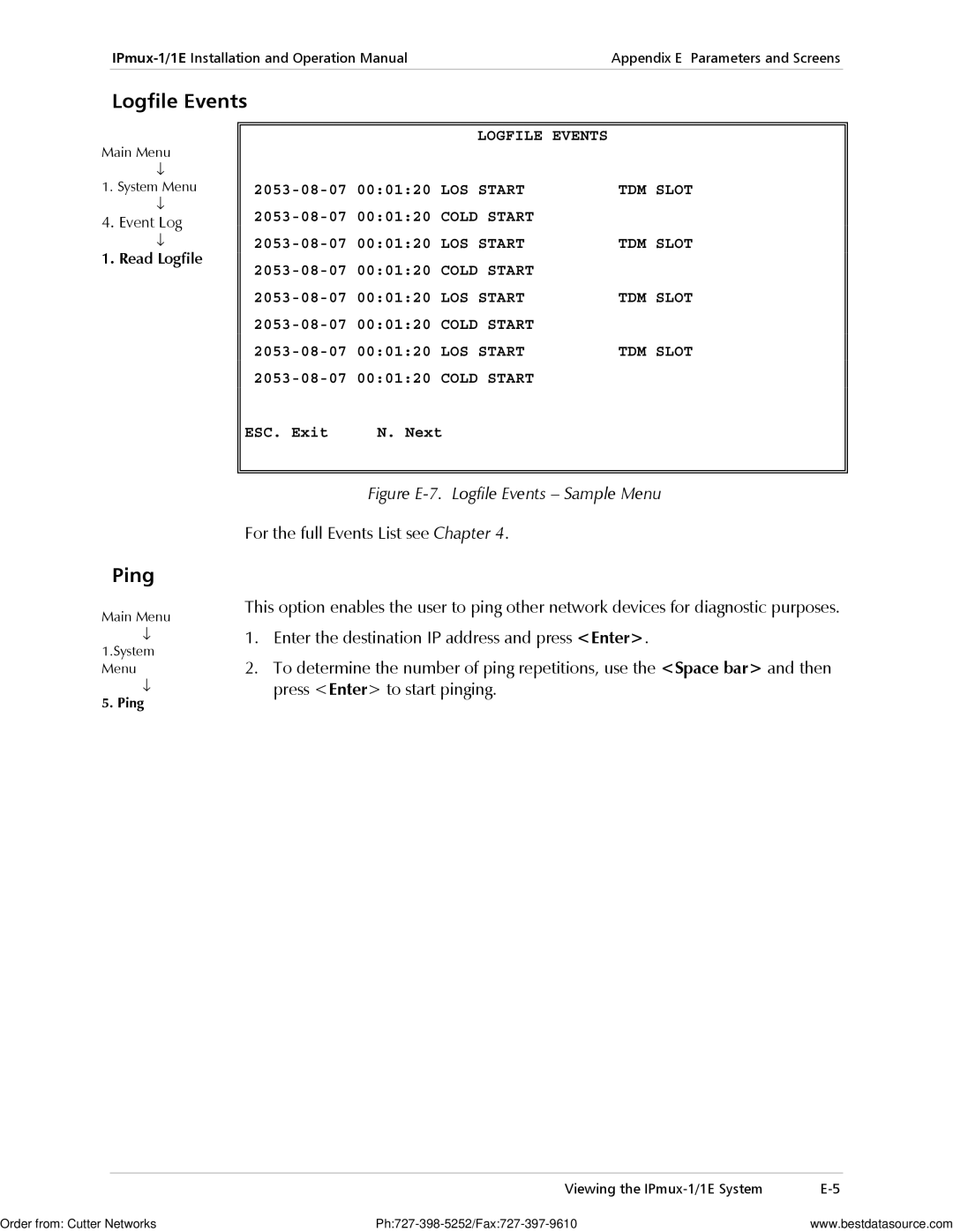 RAD Data comm IPmux-1E operation manual Logfile Events, Ping, Read Logfile, TDM Slot 