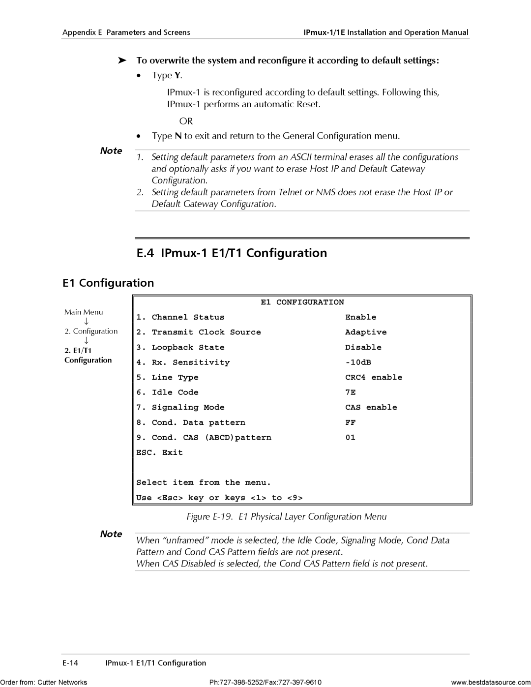 RAD Data comm IPmux-1E operation manual IPmux-1 E1/T1 Configuration, E1 Configuration, Default Gateway Configuration 