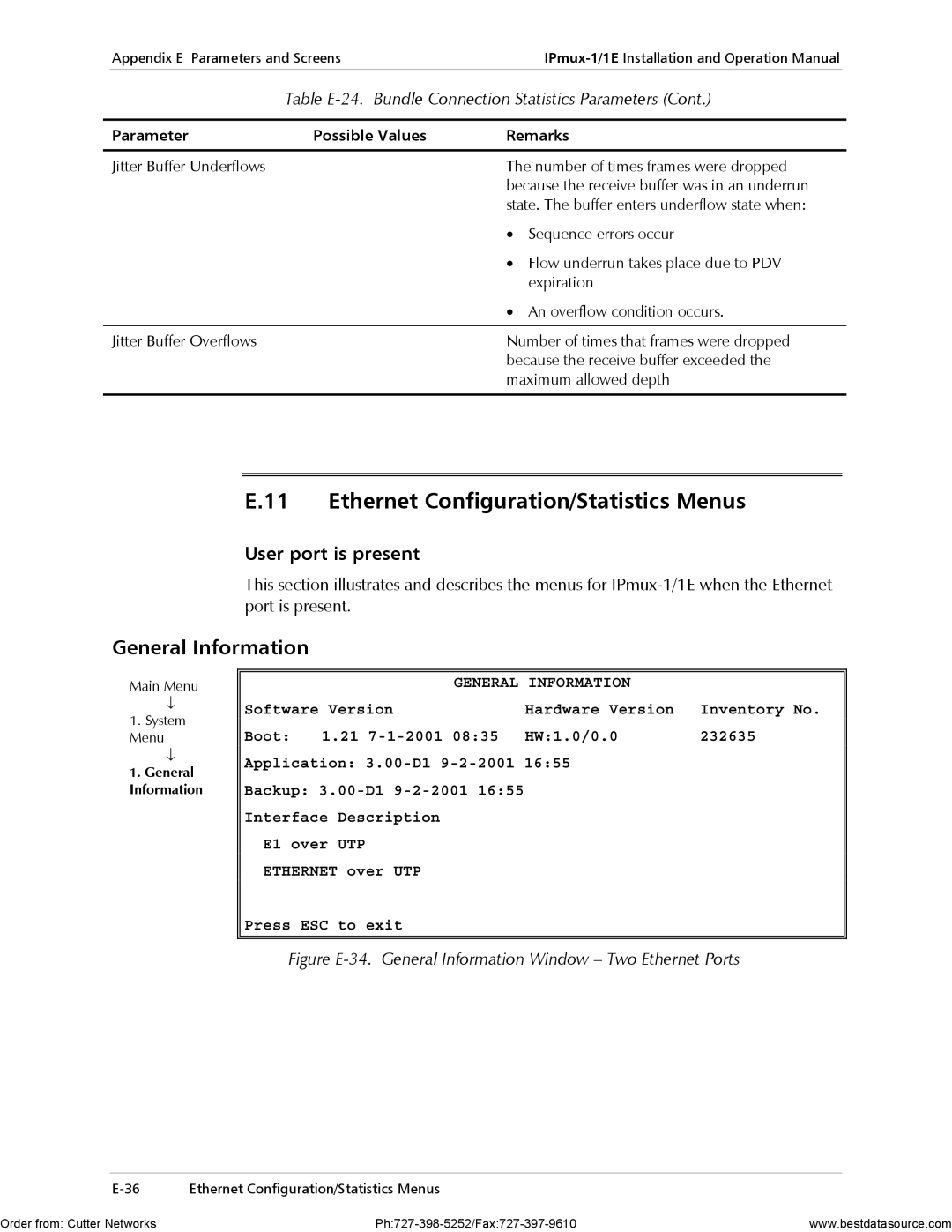 RAD Data comm IPmux-1E operation manual Ethernet Configuration/Statistics Menus, User port is present 