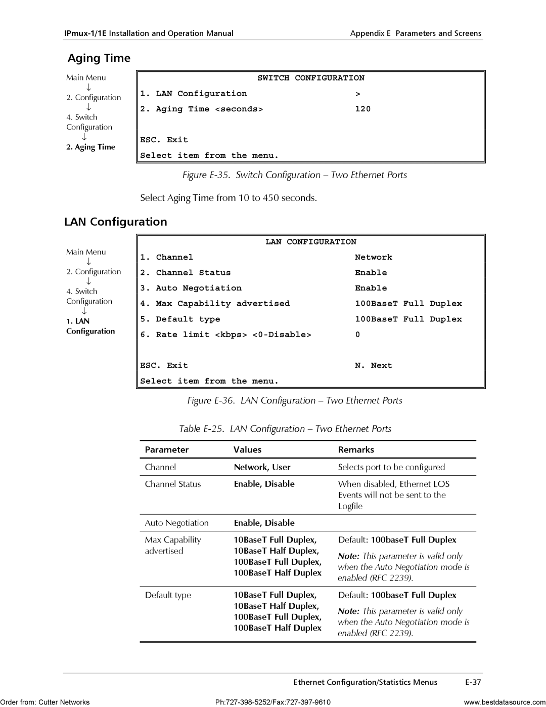 RAD Data comm IPmux-1E LAN Configuration, Select Aging Time from 10 to 450 seconds, Switch Configuration 