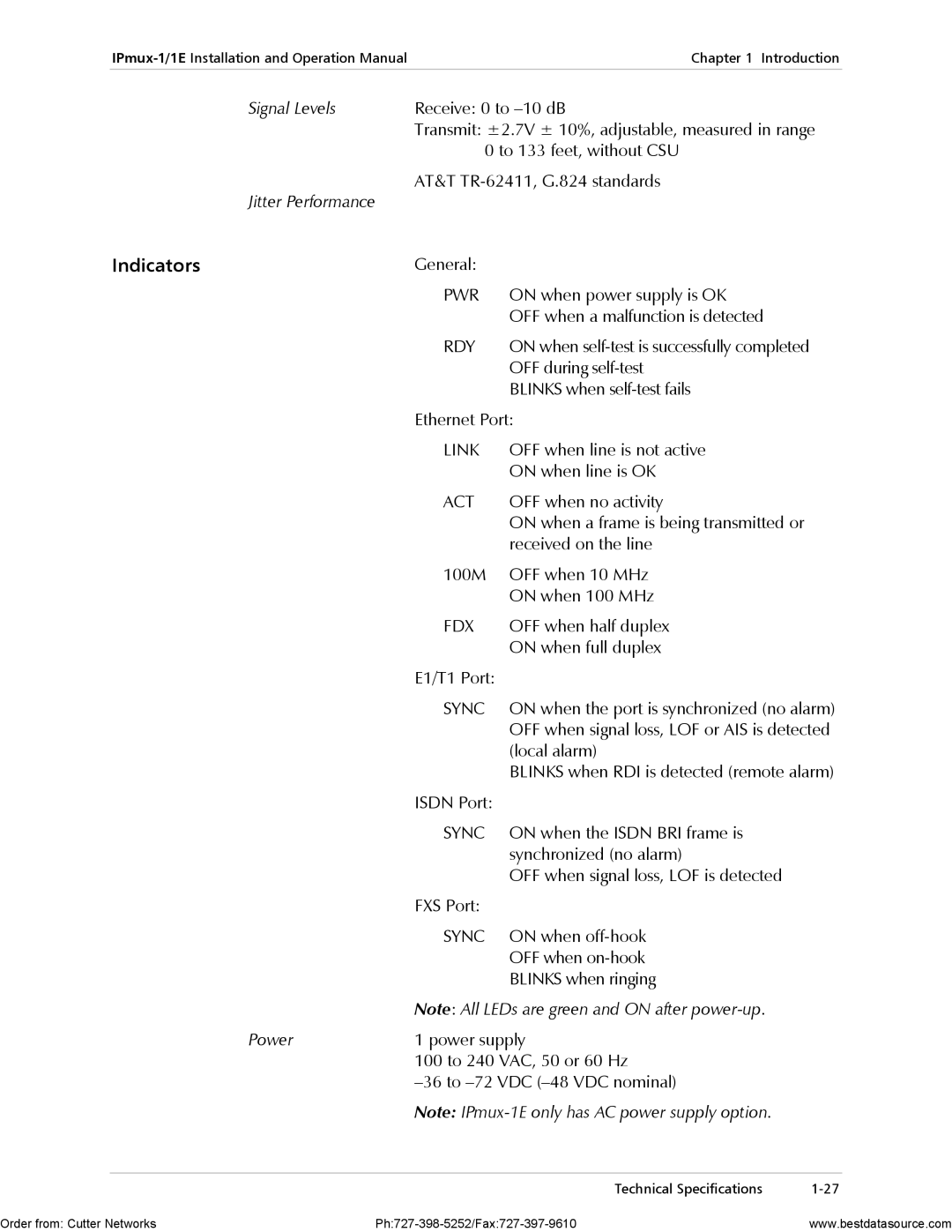 RAD Data comm IPmux-1E operation manual Indicators, Power 