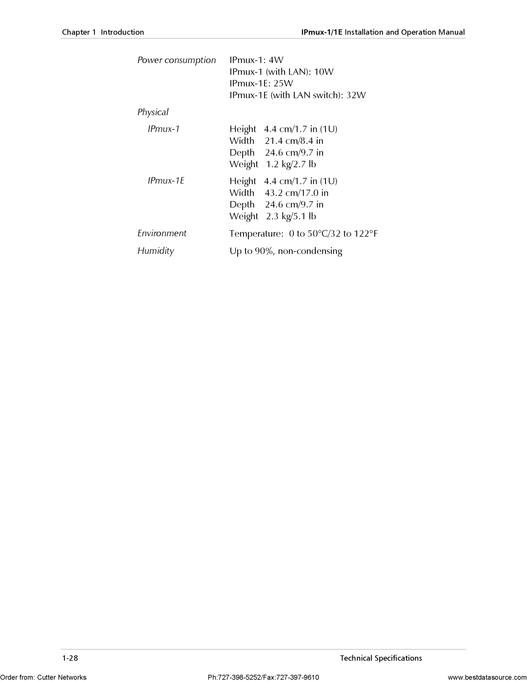 RAD Data comm IPmux-1E operation manual Technical Specifications 