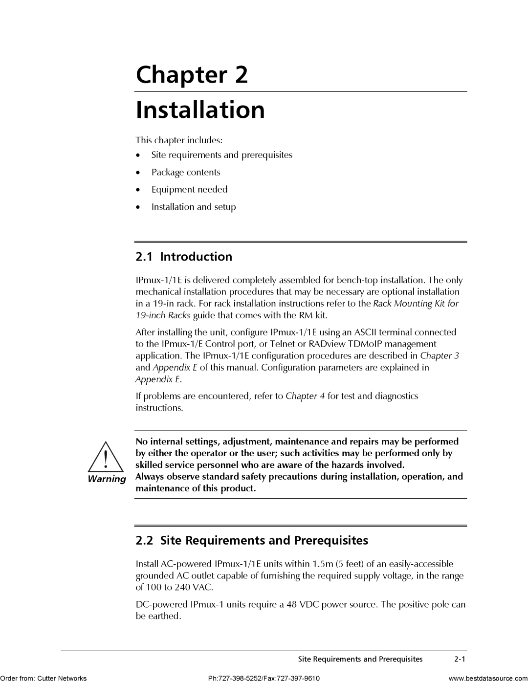 RAD Data comm IPmux-1E operation manual Chapter Installation, Introduction, Site Requirements and Prerequisites 