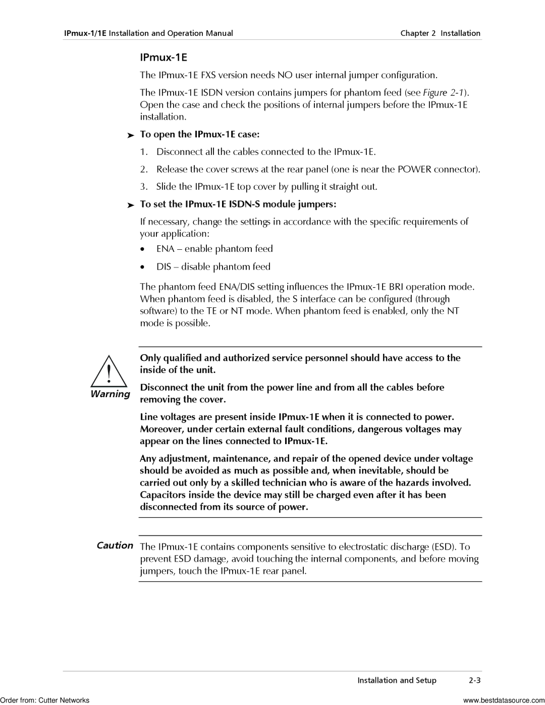 RAD Data comm operation manual To open the IPmux-1E case, To set the IPmux-1E ISDN-S module jumpers 