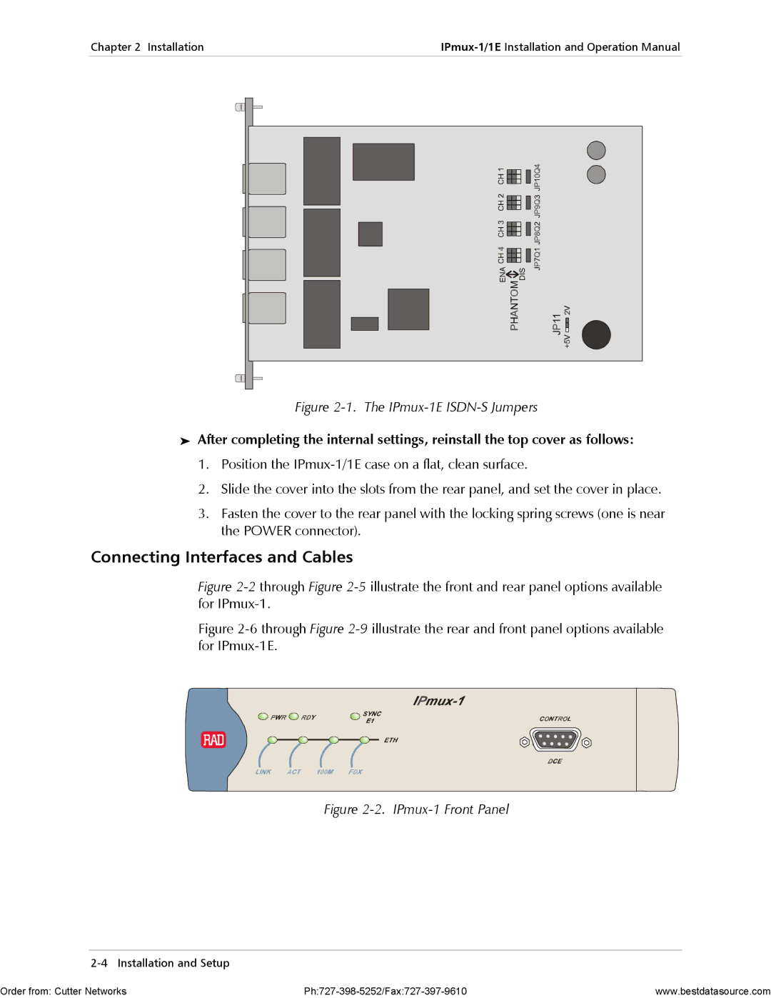 RAD Data comm operation manual Connecting Interfaces and Cables, IPmux-1E ISDN-S Jumpers 