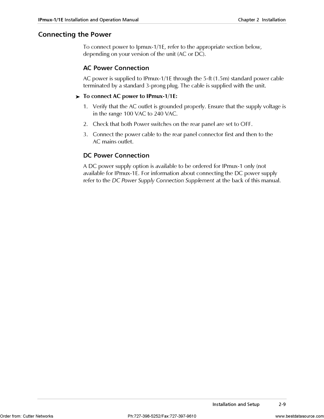 RAD Data comm Connecting the Power, AC Power Connection, DC Power Connection, To connect AC power to IPmux-1/1E 