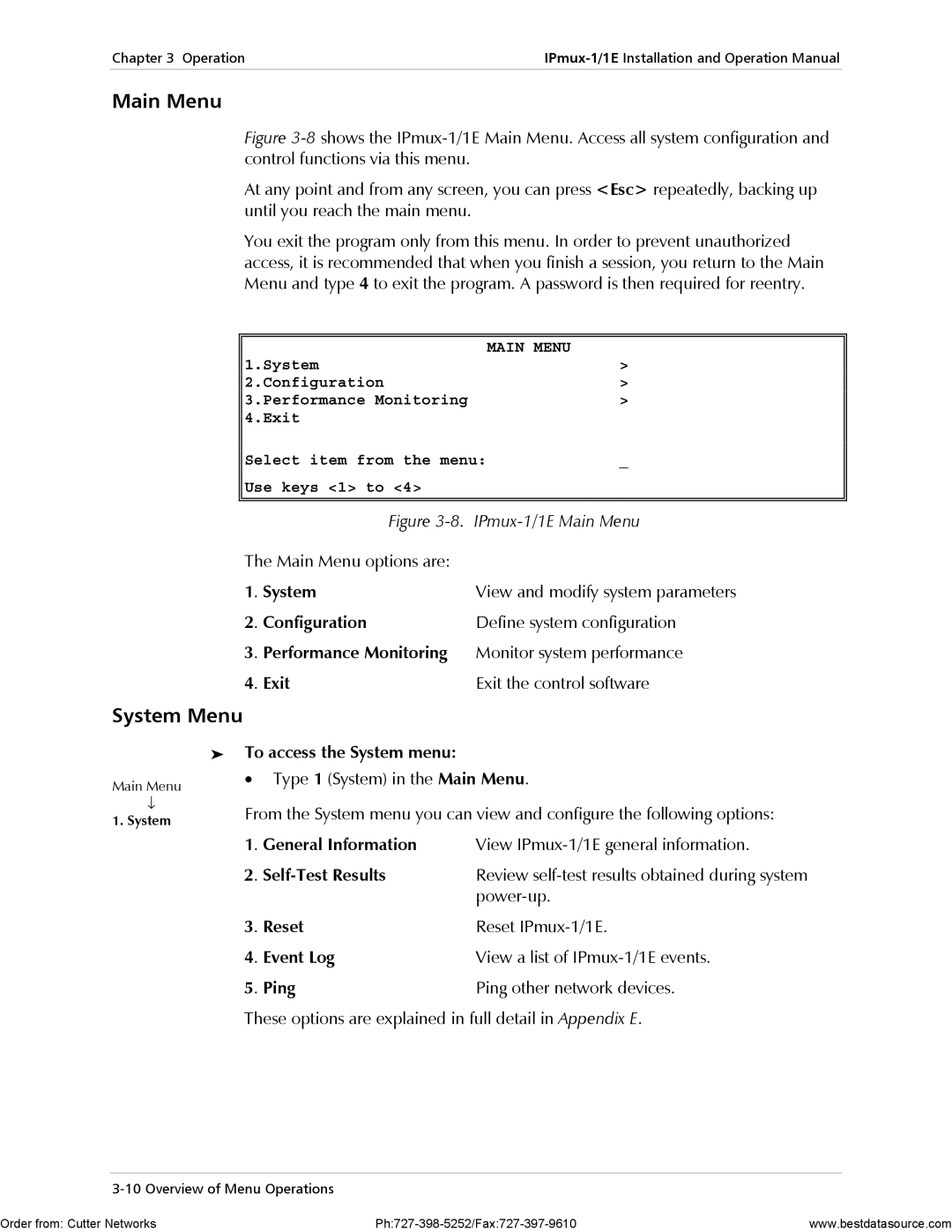 RAD Data comm IPmux-1E operation manual Main Menu, System Menu 