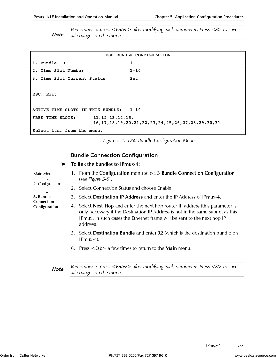 RAD Data comm IPmux-1E Bundle Connection Configuration, All changes on the menu, DS0 Bundle Configuration 