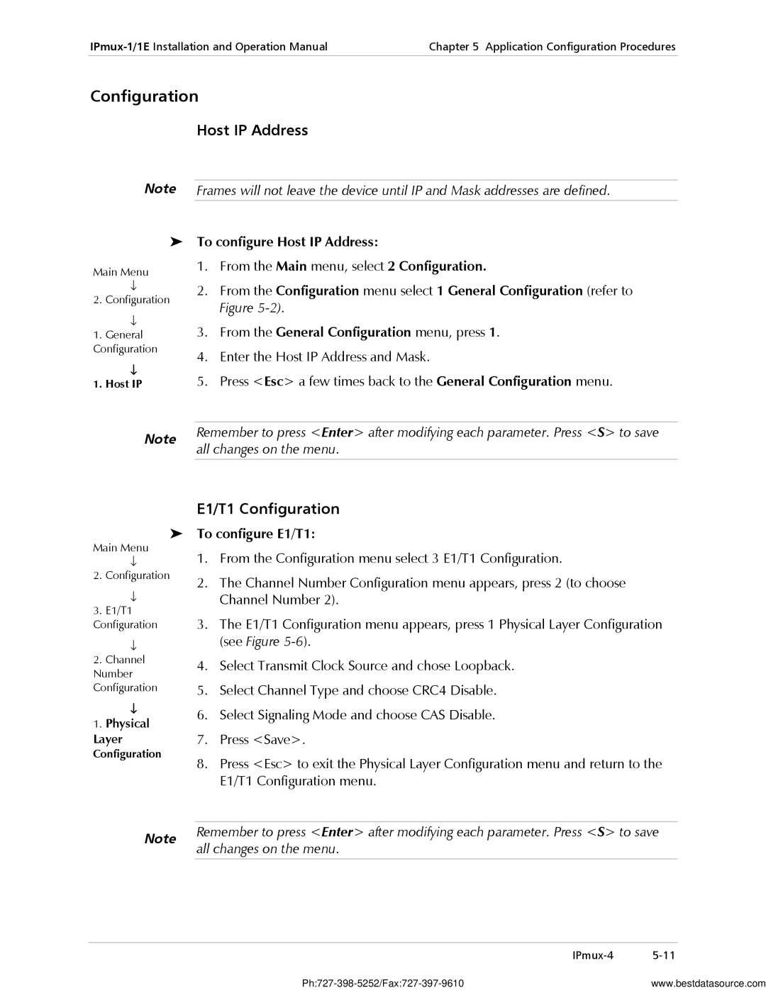 RAD Data comm IPmux-1E operation manual To configure Host IP Address, From the General Configuration menu, press 