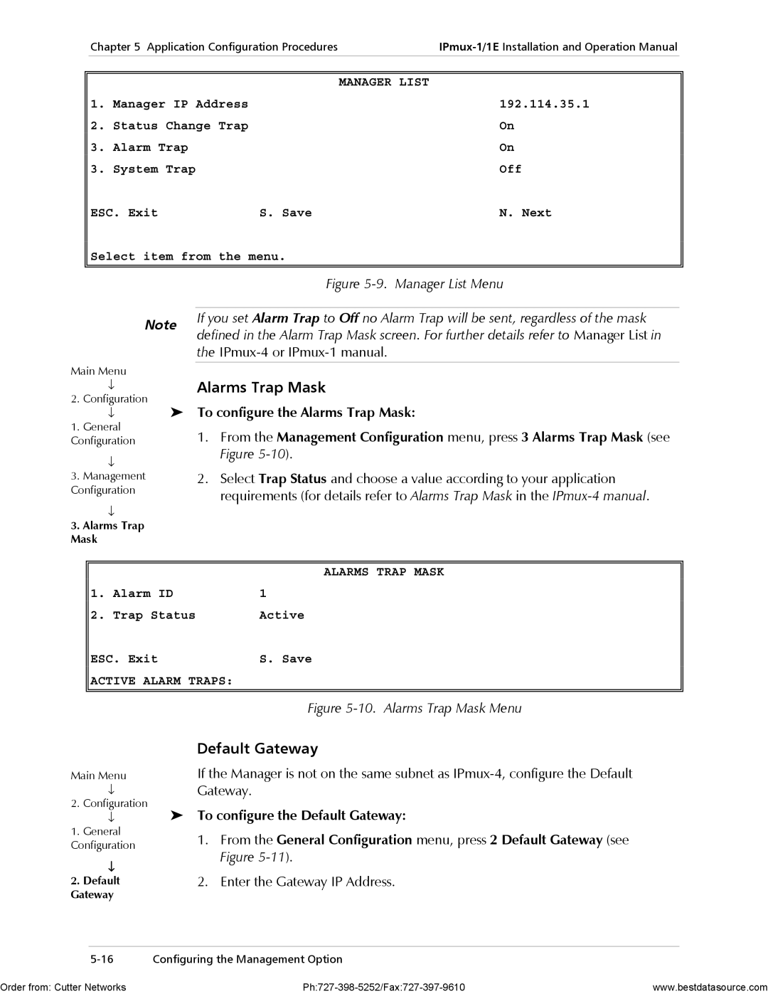 RAD Data comm IPmux-1E operation manual Default Gateway, IPmux-4 or IPmux-1 manual, To configure the Alarms Trap Mask 