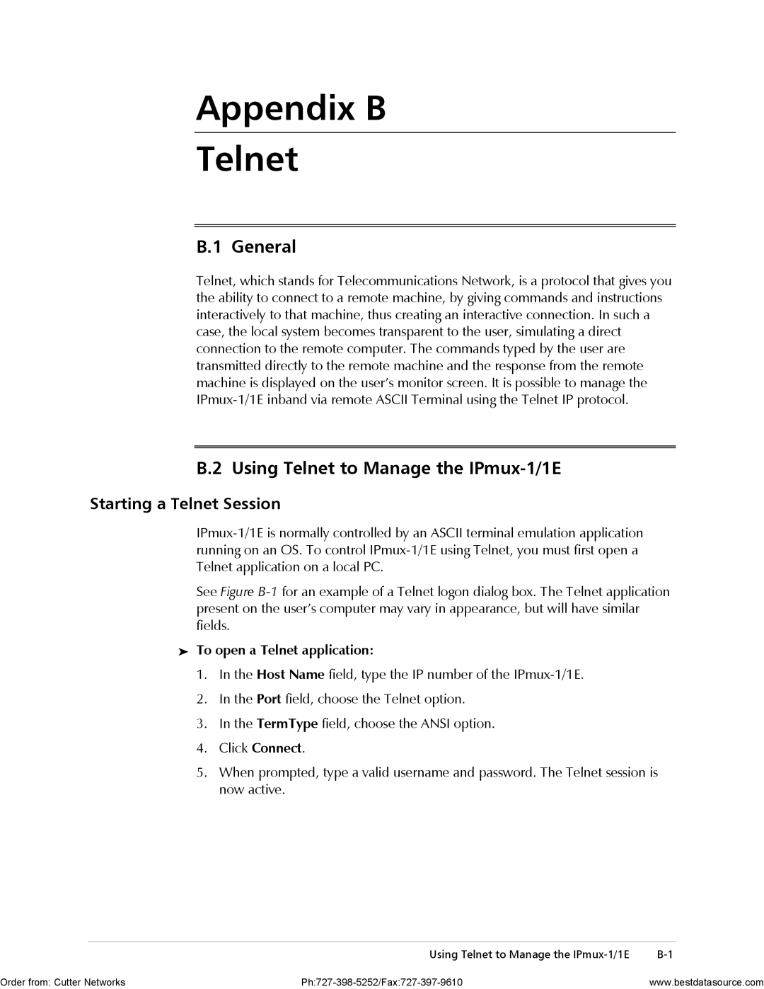 RAD Data comm IPmux-1E Appendix B Telnet, Using Telnet to Manage the IPmux-1/1E, Starting a Telnet Session 