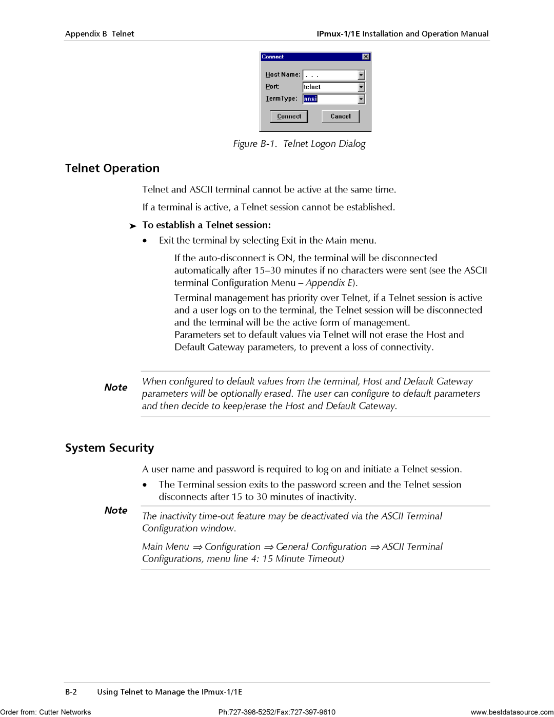 RAD Data comm IPmux-1E operation manual Telnet Operation, System Security, To establish a Telnet session 