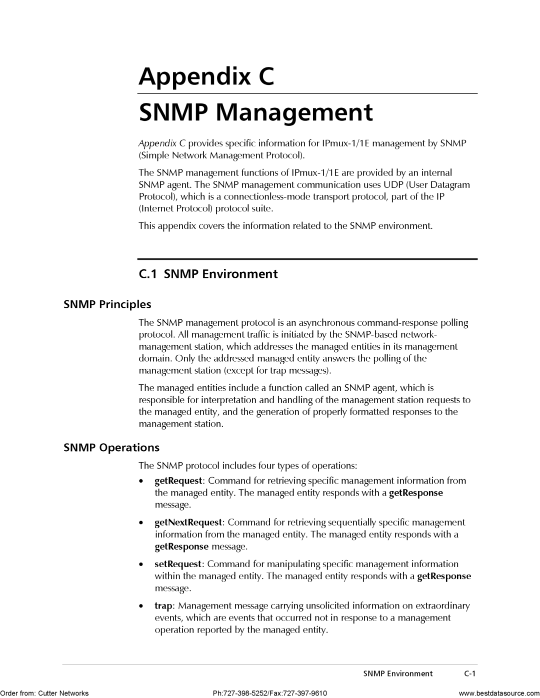 RAD Data comm IPmux-1E operation manual Appendix C Snmp Management, Snmp Environment, Snmp Principles, Snmp Operations 