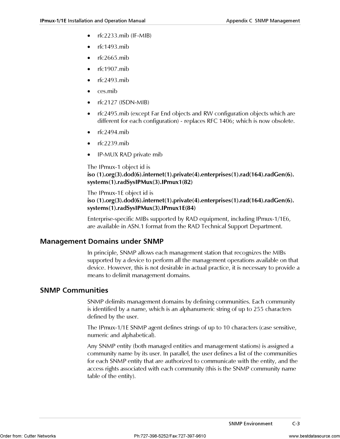 RAD Data comm operation manual Management Domains under Snmp, Snmp Communities, IPmux-1E object id is 