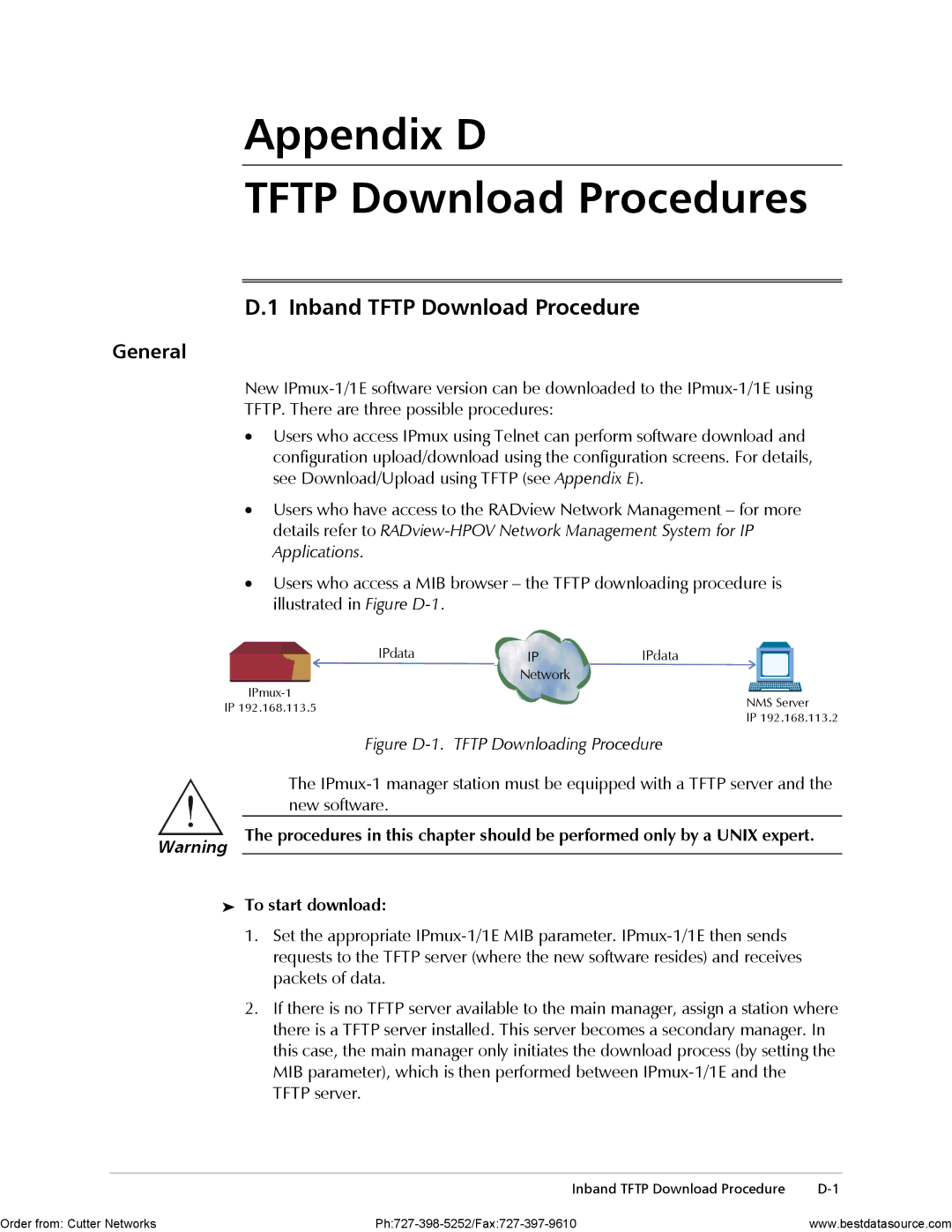 RAD Data comm IPmux-1E Appendix D Tftp Download Procedures, Inband Tftp Download Procedure, To start download 