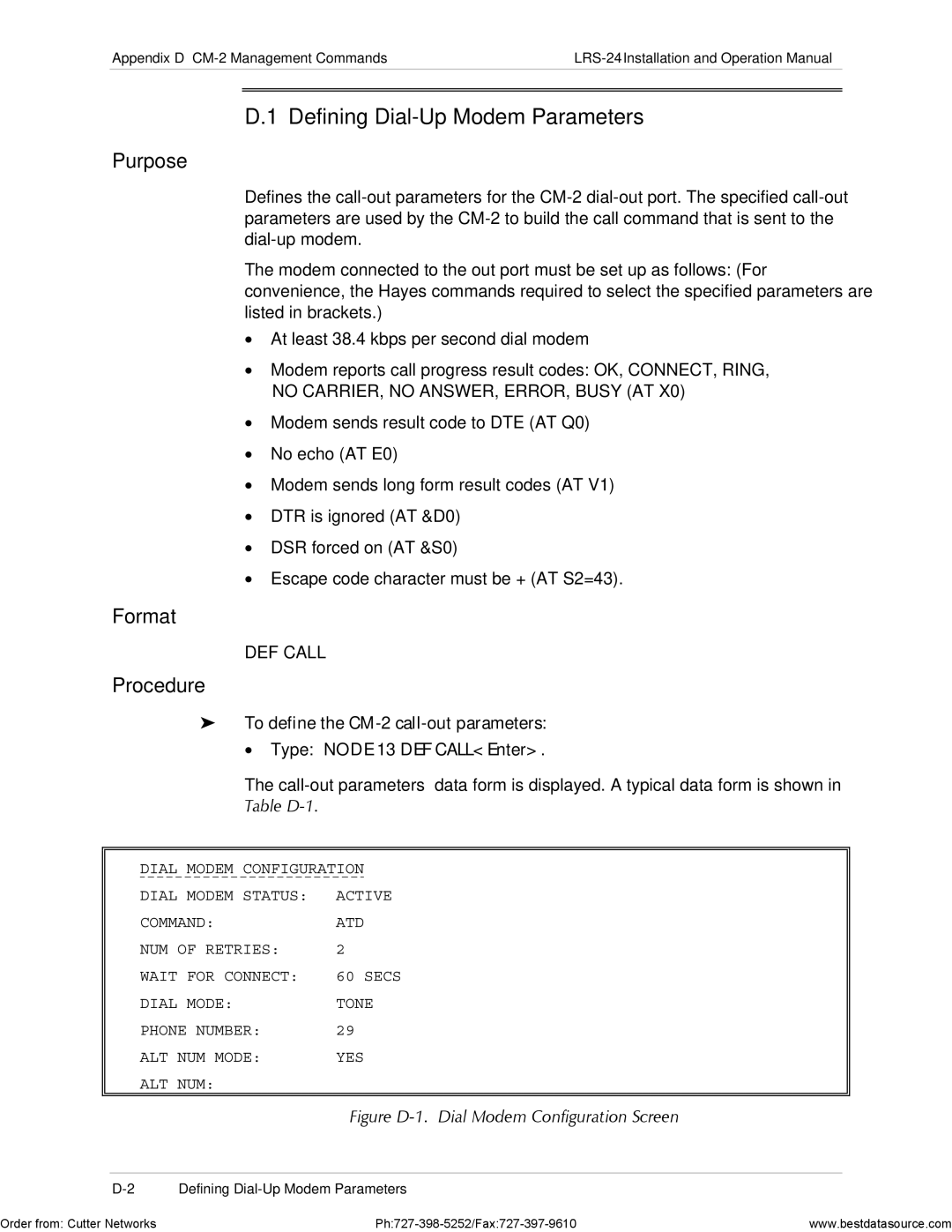 RAD Data comm LRS-24 operation manual Defining Dial-Up Modem Parameters, Purpose, Format, Procedure 