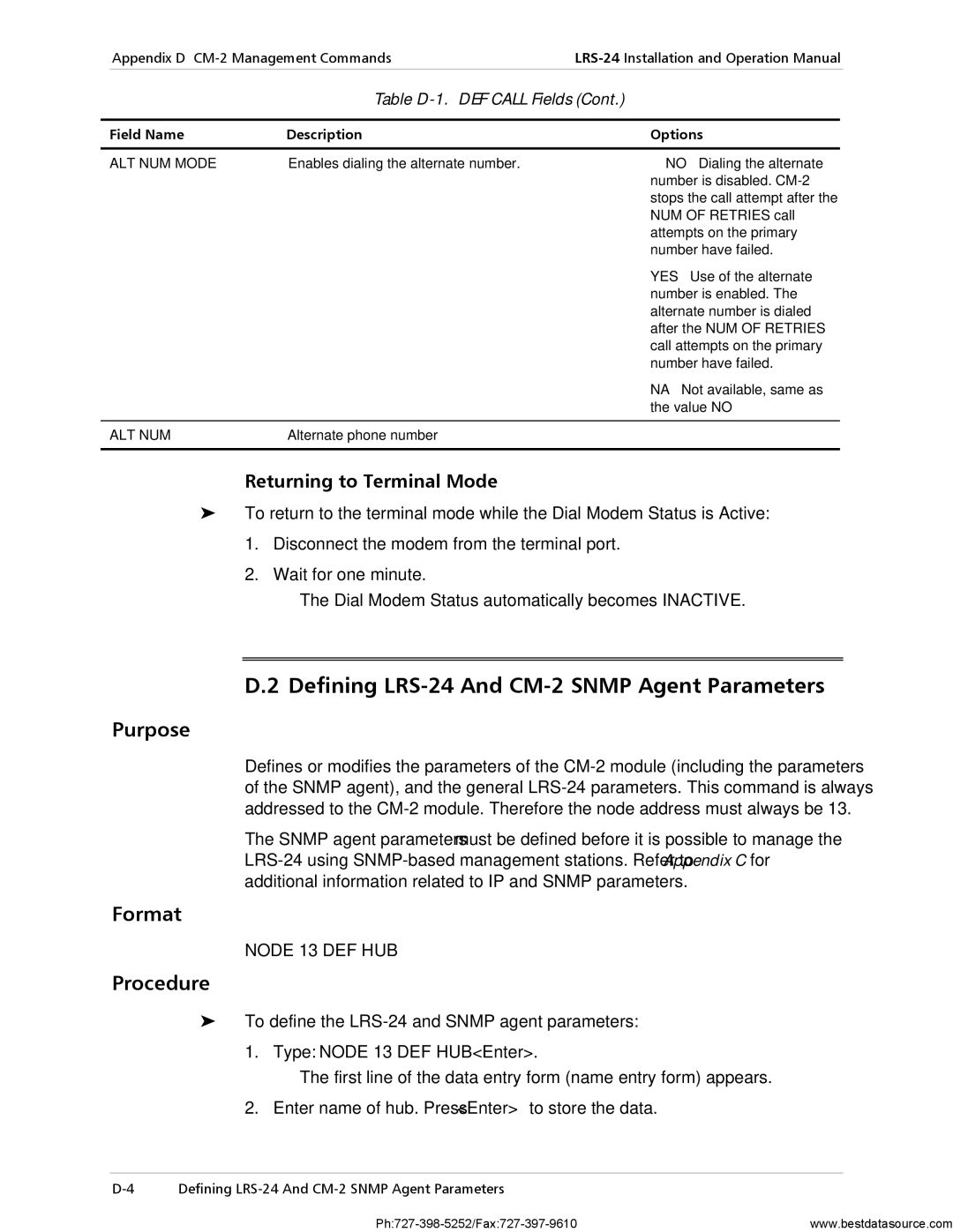 RAD Data comm operation manual Defining LRS-24 And CM-2 Snmp Agent Parameters, Returning to Terminal Mode 