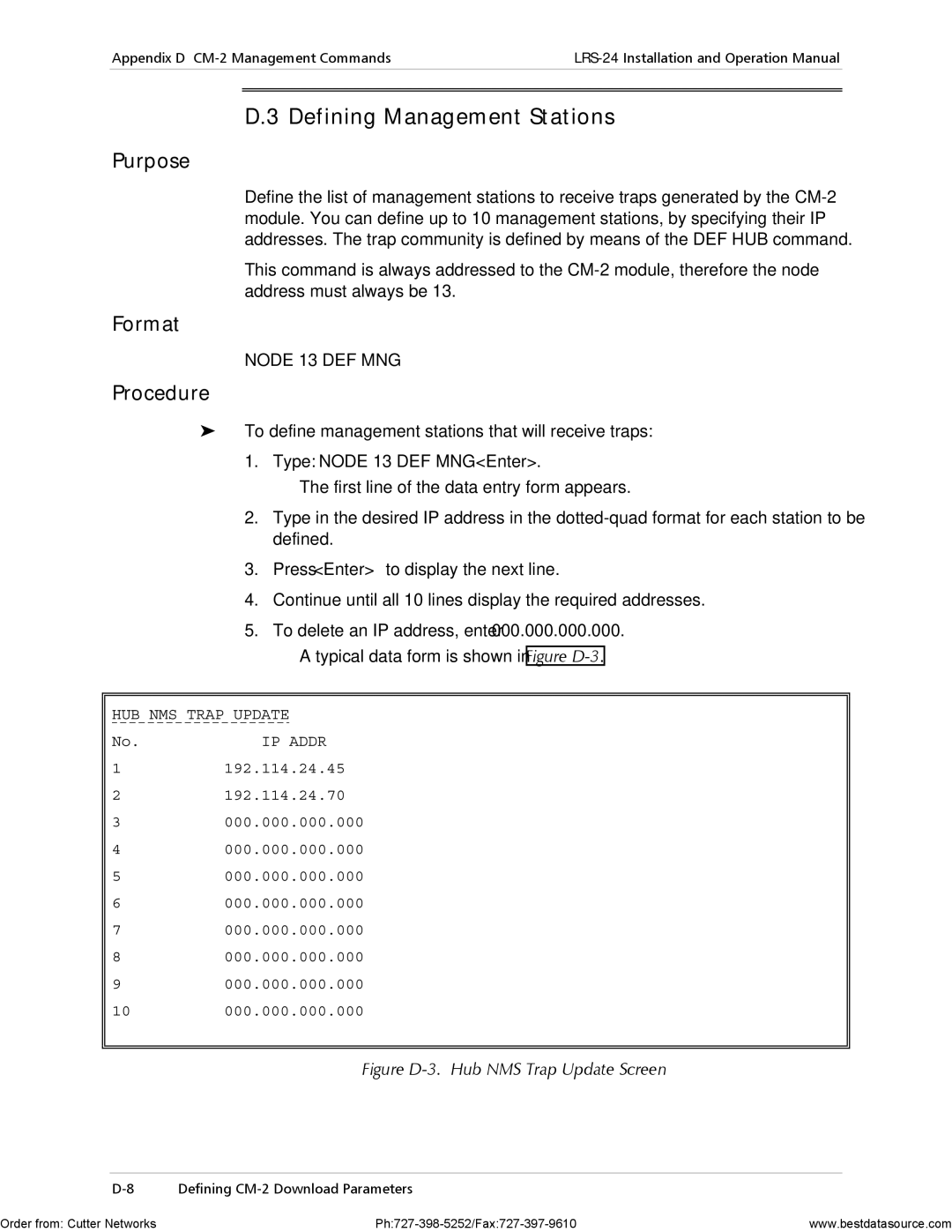 RAD Data comm LRS-24 operation manual Defining Management Stations, HUB NMS Trap Update IP Addr 