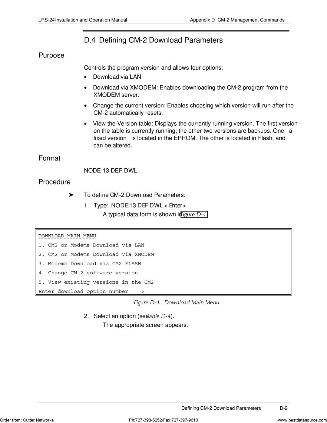 RAD Data comm LRS-24 Defining CM-2 Download Parameters, Typical data form is shown in Figure D-4, Download Main Menu 