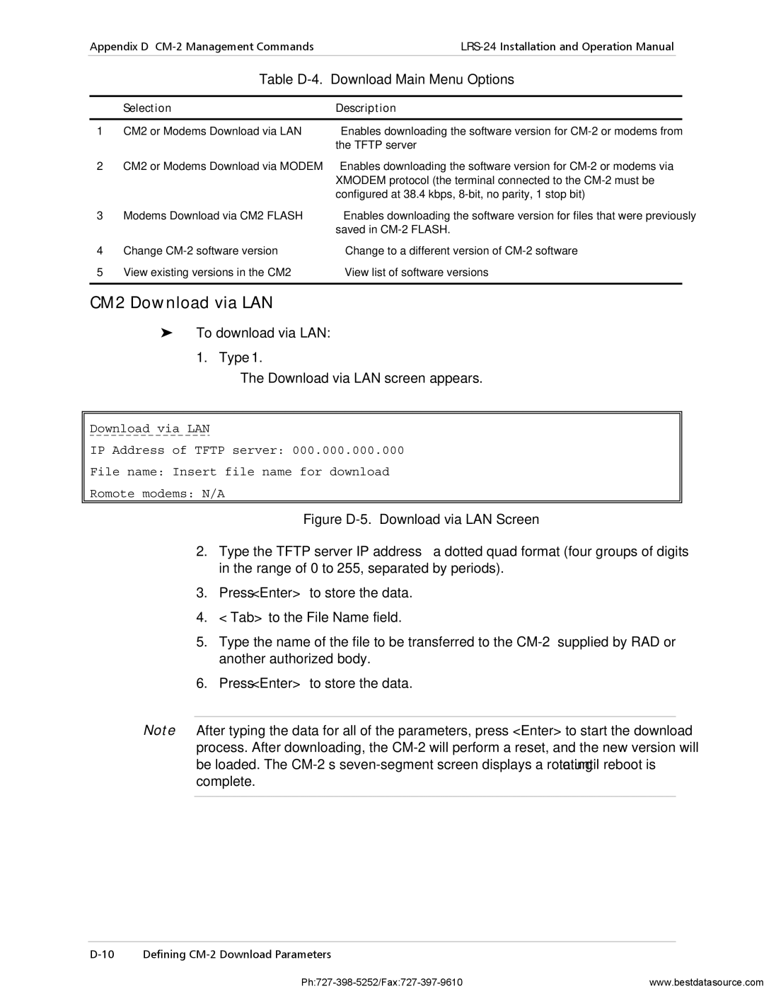 RAD Data comm LRS-24 operation manual CM2 Download via LAN, Table D-4. Download Main Menu Options, To download via LAN 