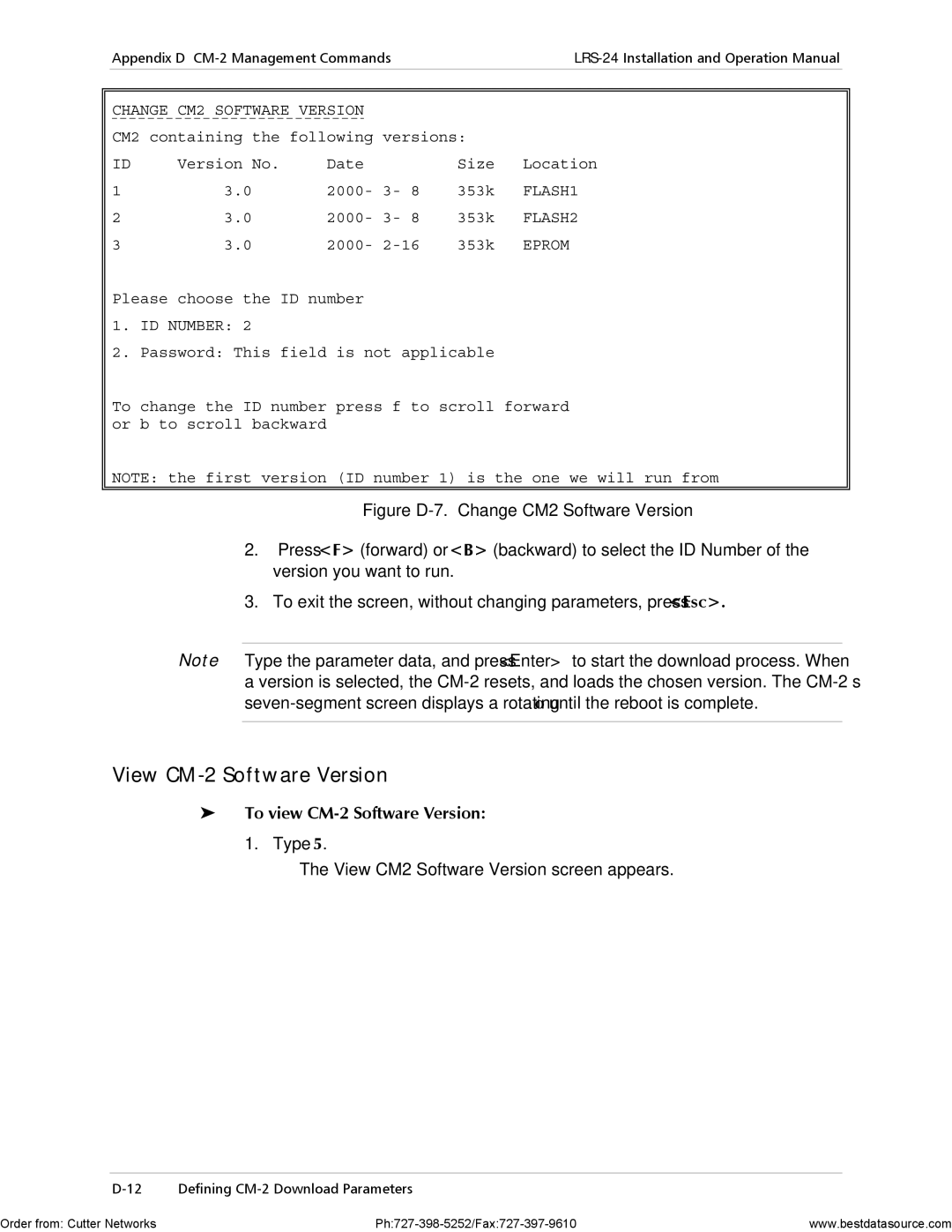 RAD Data comm LRS-24 operation manual View CM-2 Software Version, To view CM-2 Software Version 