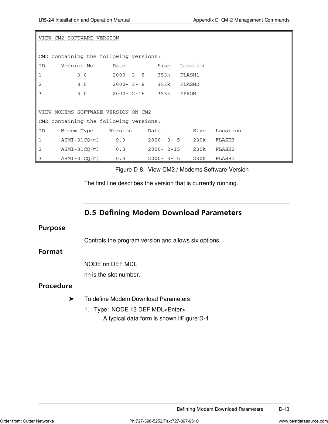 RAD Data comm LRS-24 Defining Modem Download Parameters, First line describes the version that is currently running 