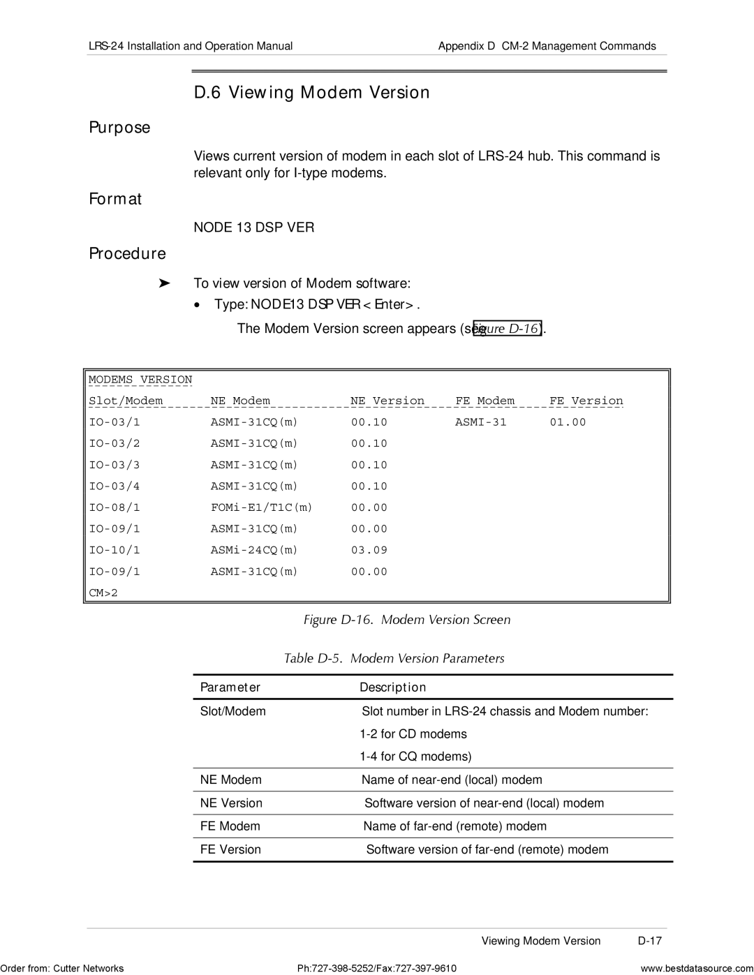 RAD Data comm LRS-24 operation manual Viewing Modem Version, To view version of Modem software Type NODE13 DSP VER Enter 