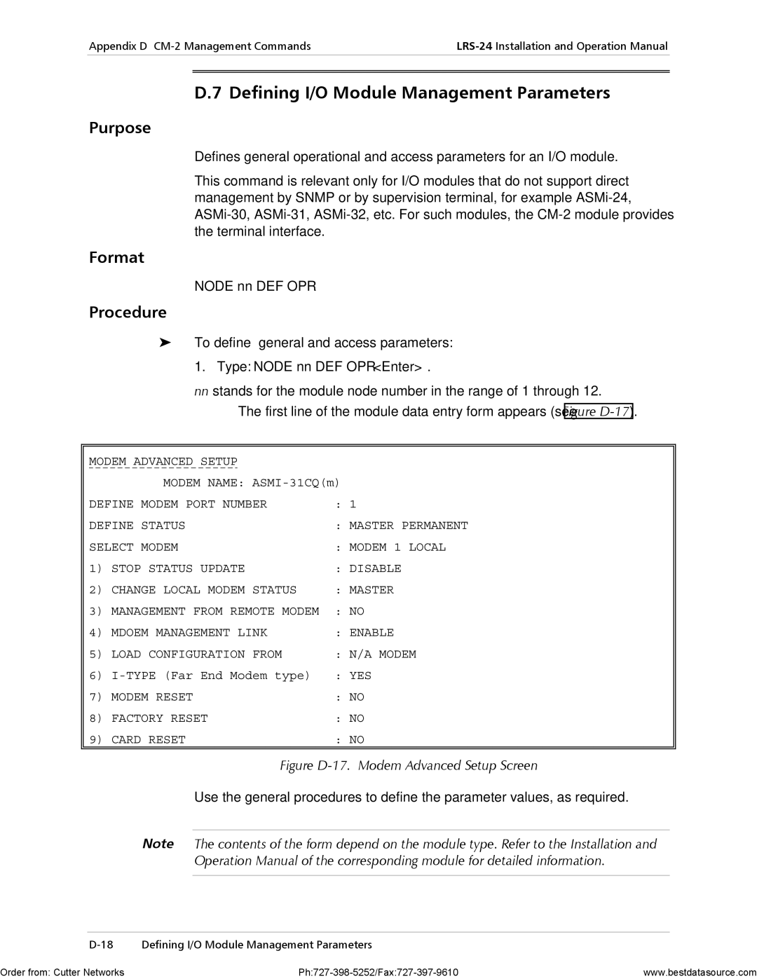 RAD Data comm LRS-24 operation manual Defining I/O Module Management Parameters, Node nn DEF OPR, Modem Advanced Setup 