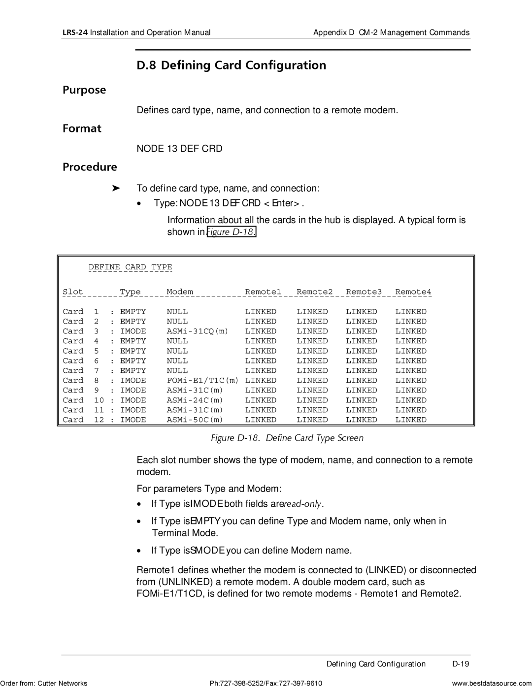 RAD Data comm LRS-24 Defining Card Configuration, Defines card type, name, and connection to a remote modem, Imode 