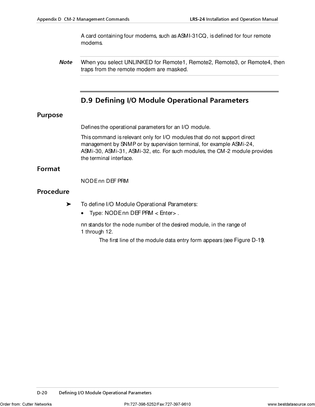 RAD Data comm LRS-24 operation manual Defining I/O Module Operational Parameters, Node nn DEF PRM 