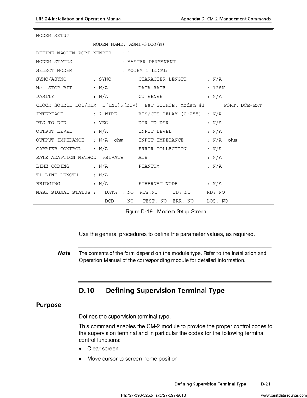 RAD Data comm LRS-24 operation manual Defining Supervision Terminal Type, Modem Setup, Data Rate, Input Impedance 