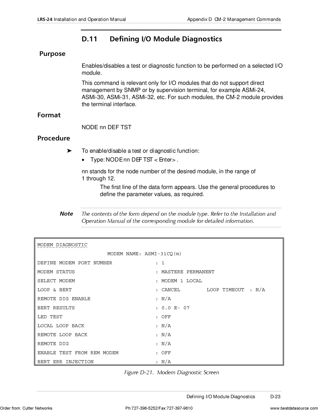 RAD Data comm LRS-24 operation manual Defining I/O Module Diagnostics, Node nn DEF TST, Modem Diagnostic 