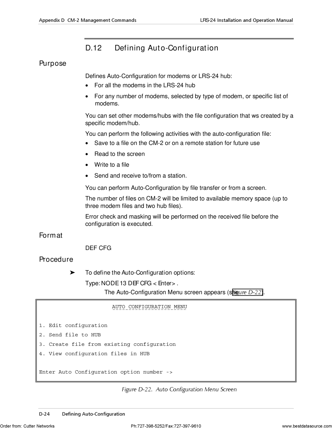 RAD Data comm LRS-24 operation manual Defining Auto-Configuration, Auto-Configuration Menu screen appears see Figure D-22 