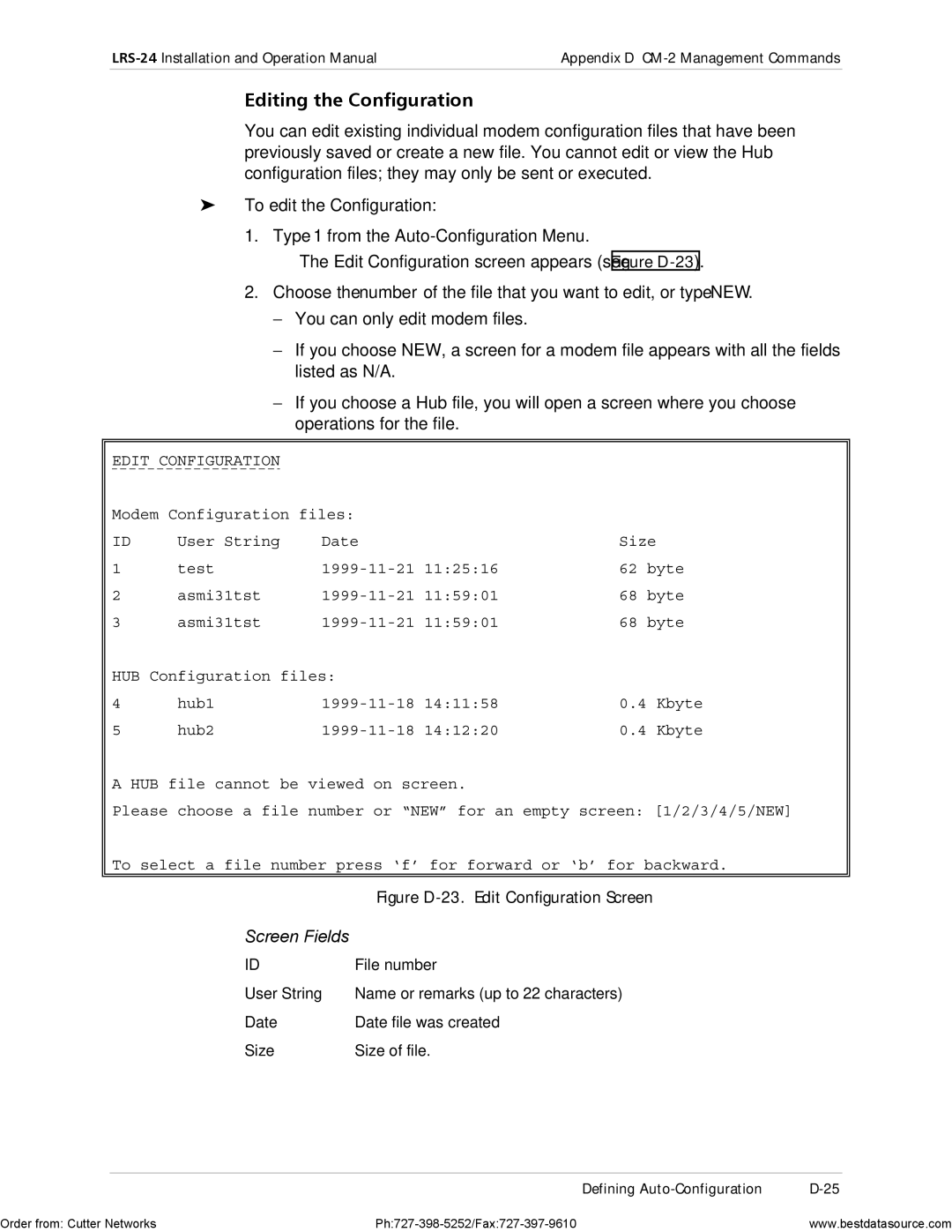 RAD Data comm LRS-24 operation manual Editing the Configuration, To edit the Configuration, File number, User String 