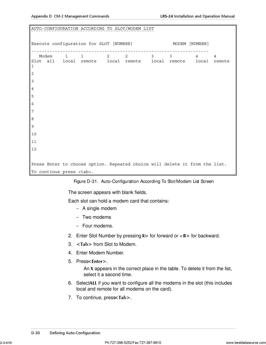 RAD Data comm LRS-24 operation manual AUTO-CONFIGURATION According to SLOT/MODEM List, Modem Number 