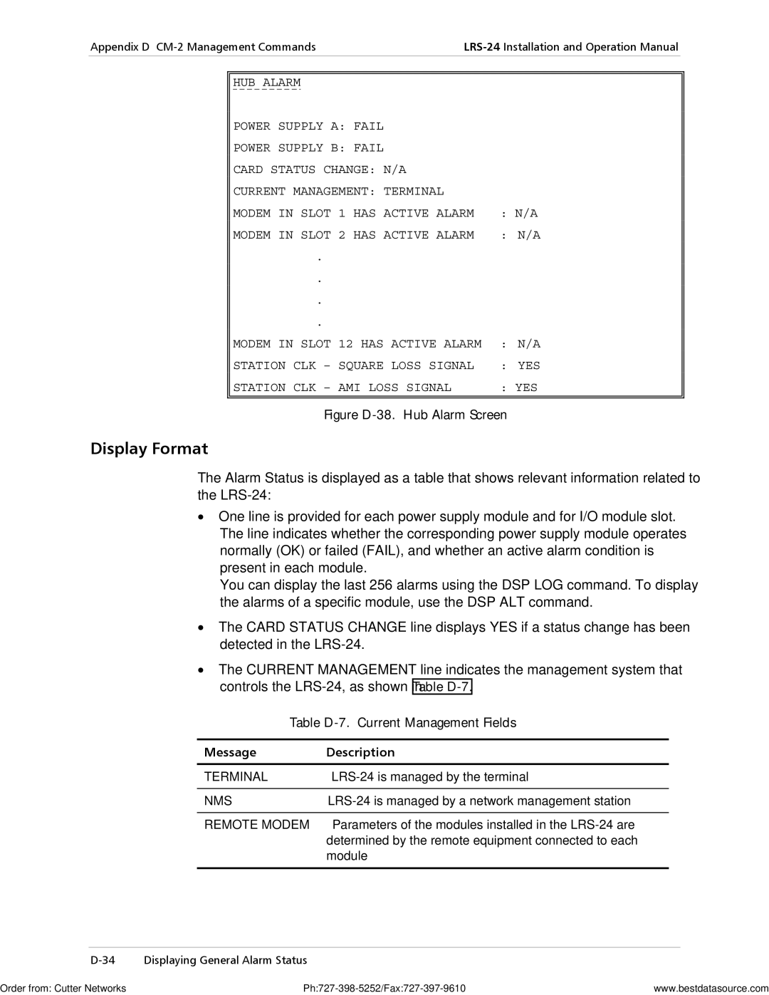 RAD Data comm LRS-24 operation manual Display Format, Table D-7. Current Management Fields, Message Description 