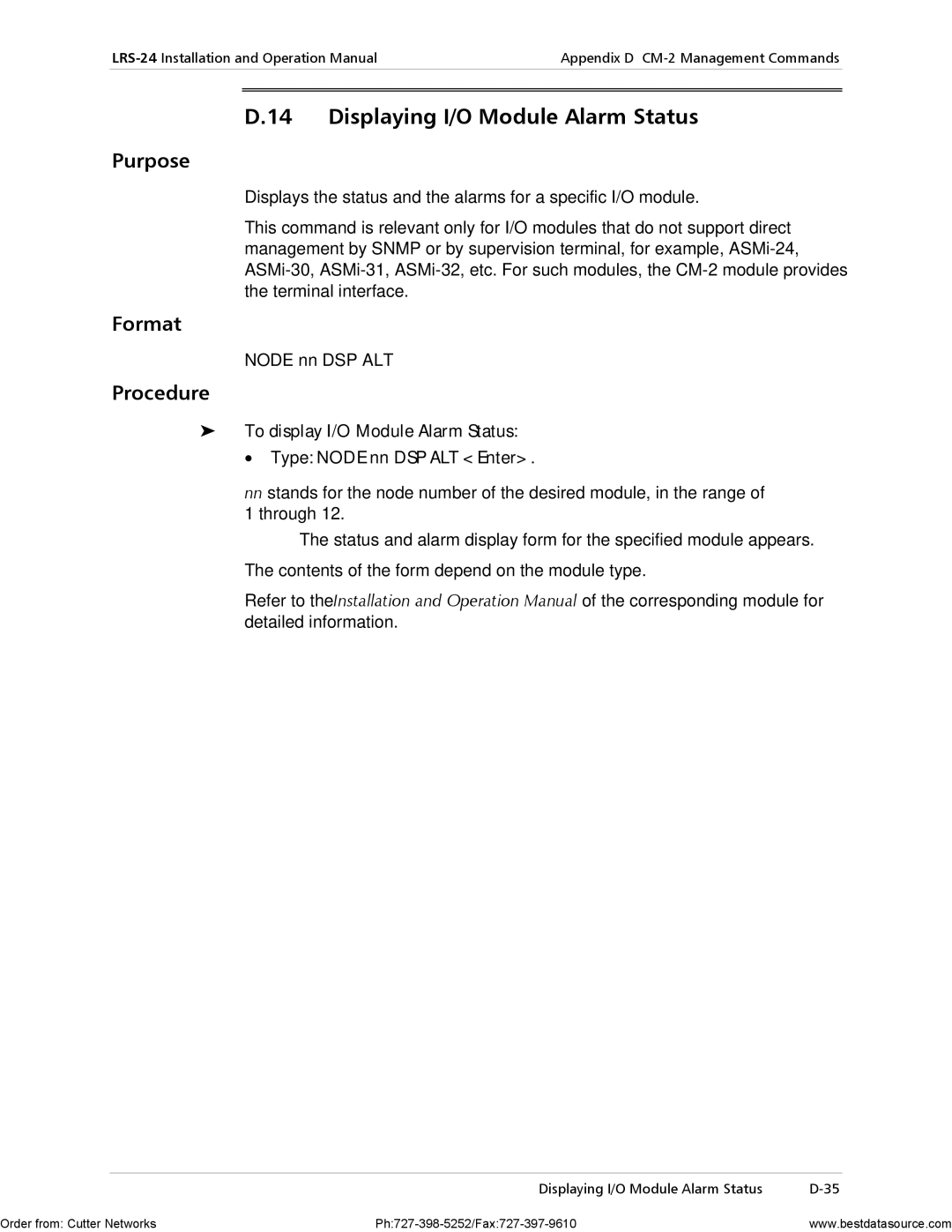 RAD Data comm LRS-24 operation manual Displaying I/O Module Alarm Status, Node nn DSP ALT 