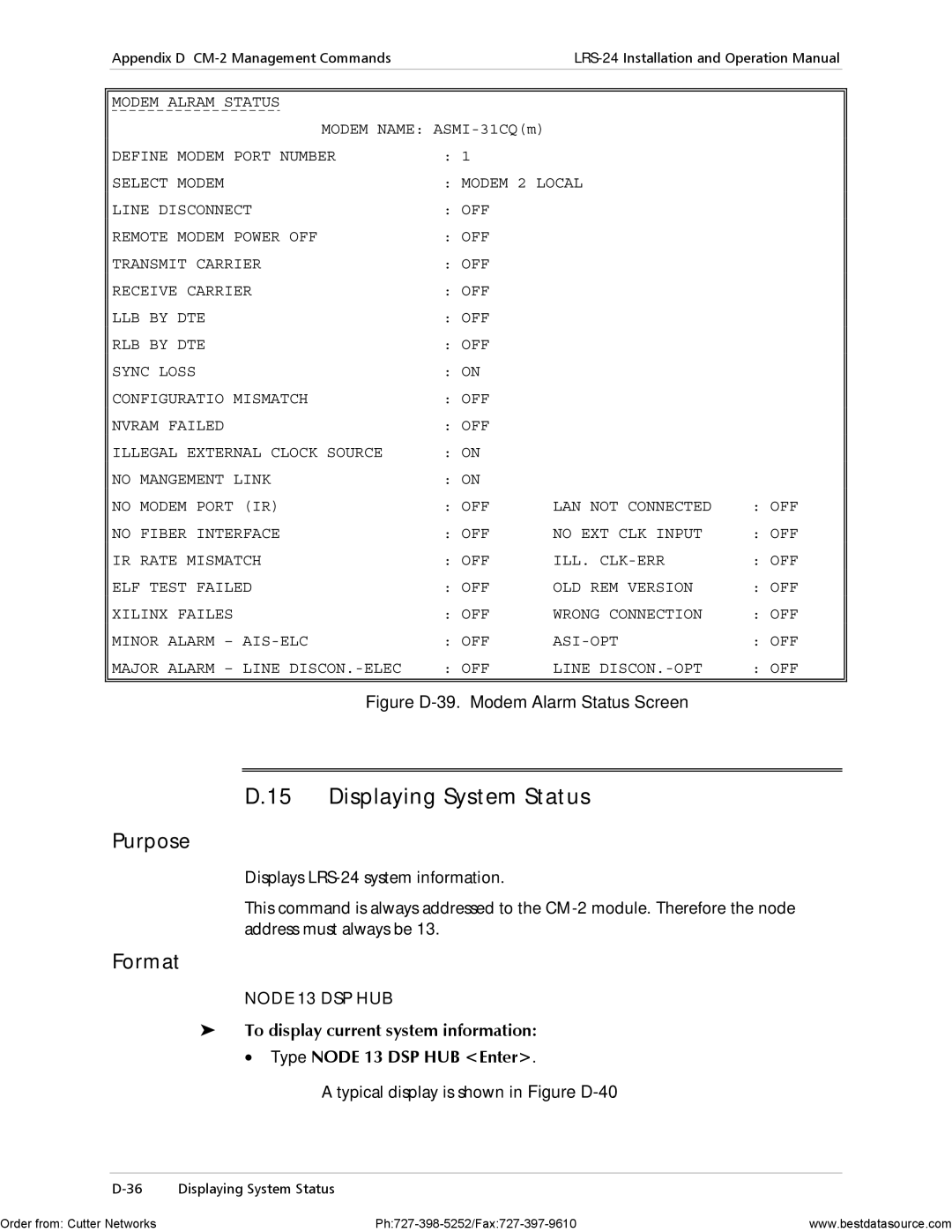 RAD Data comm LRS-24 operation manual Displaying System Status, Typical display is shown in Figure D-40, Modem Alram Status 