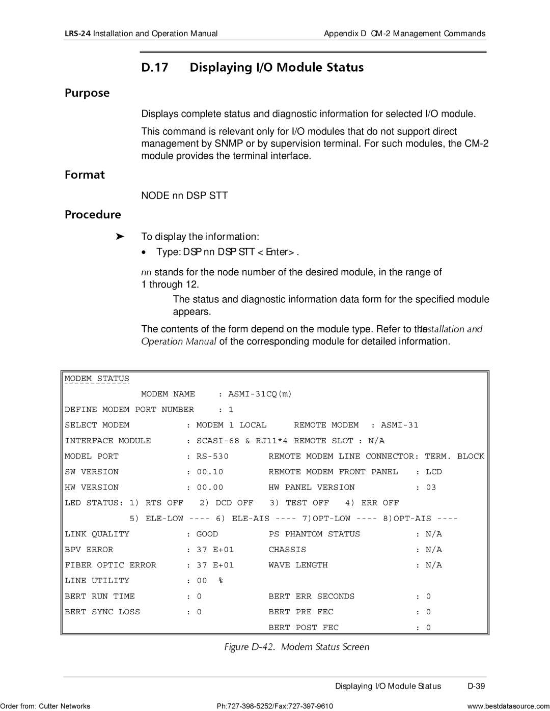 RAD Data comm LRS-24 Displaying I/O Module Status, Node nn DSP STT, To display the information Type DSP nn DSP STT Enter 