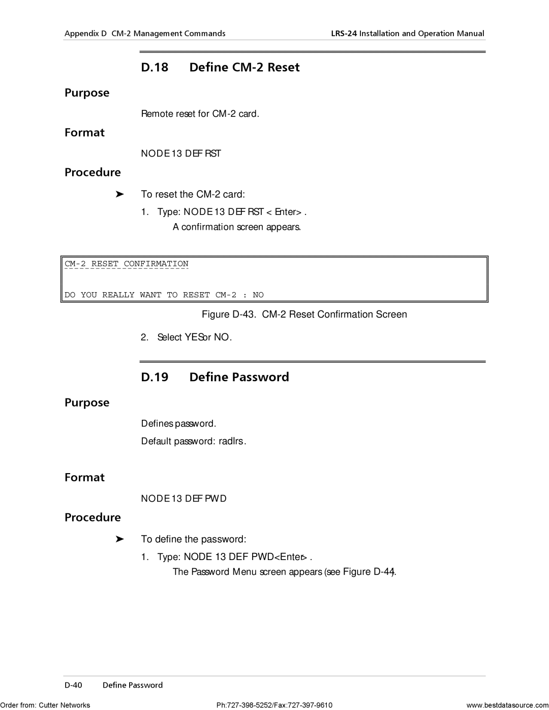 RAD Data comm LRS-24 operation manual Define CM-2 Reset, Define Password, To reset the CM-2 card 