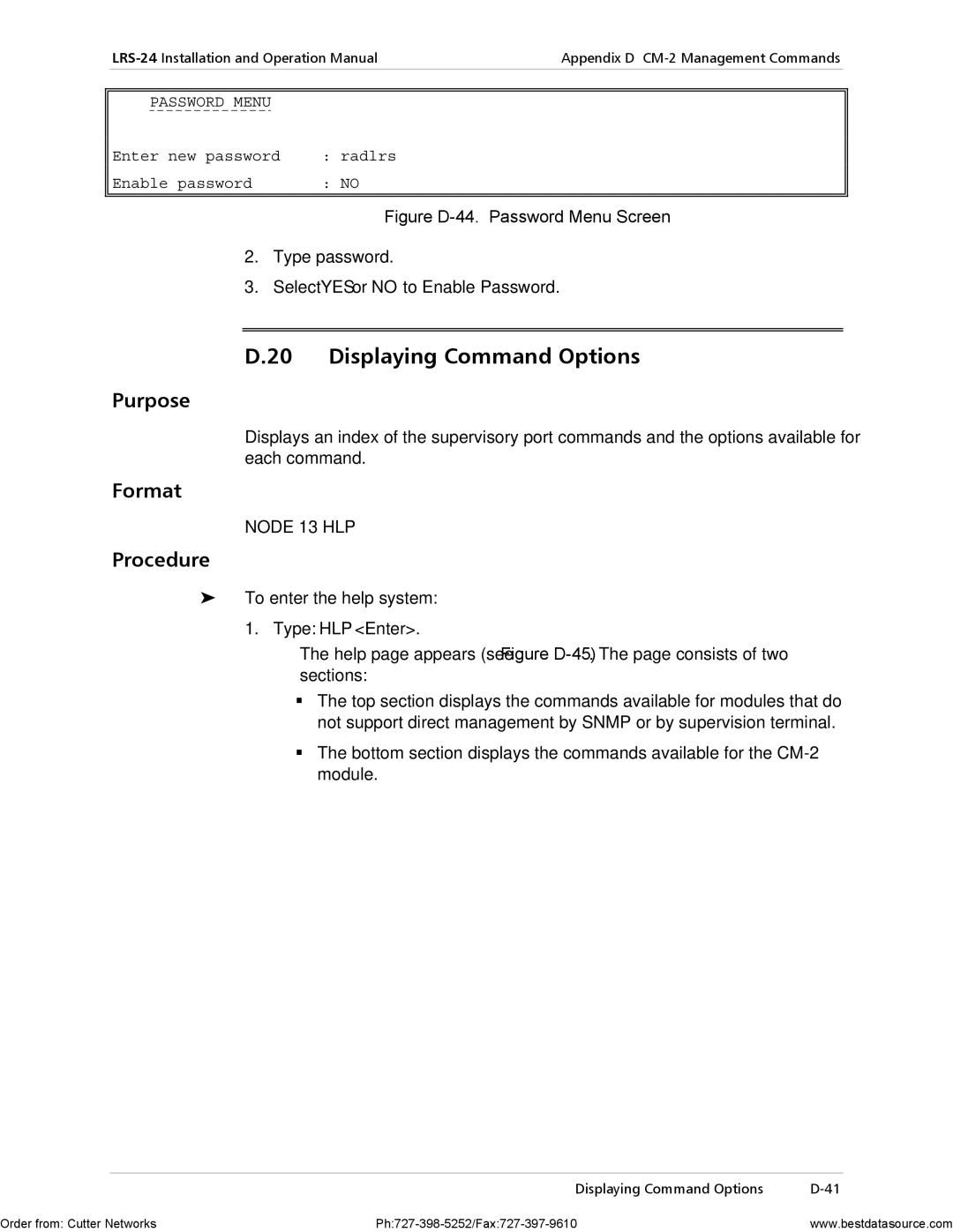 RAD Data comm LRS-24 operation manual Displaying Command Options, Type password Select YES or no to Enable Password 