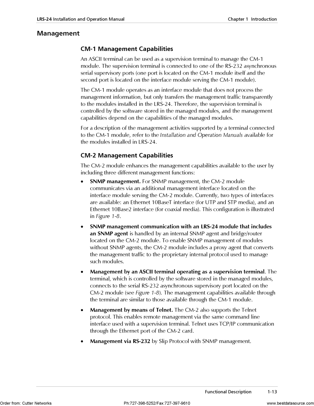 RAD Data comm LRS-24 operation manual CM-1 Management Capabilities, CM-2 Management Capabilities 