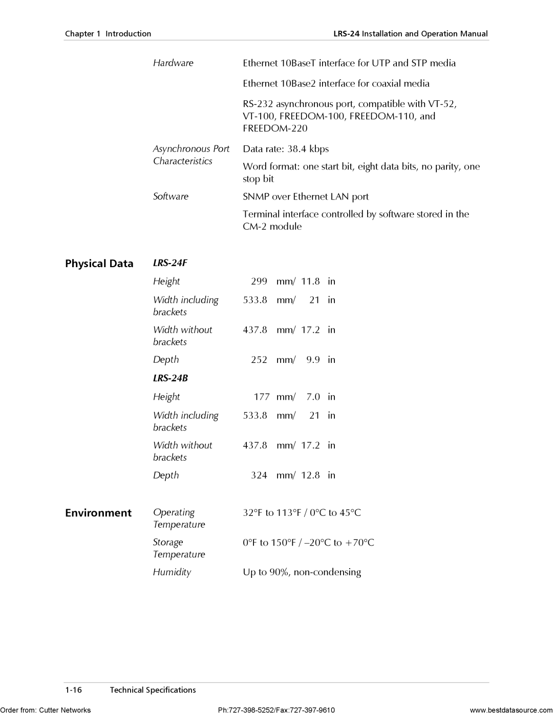 RAD Data comm LRS-24 operation manual Hardware, To 113 F / 0 C to 45 C, Operating Temperature Storage 