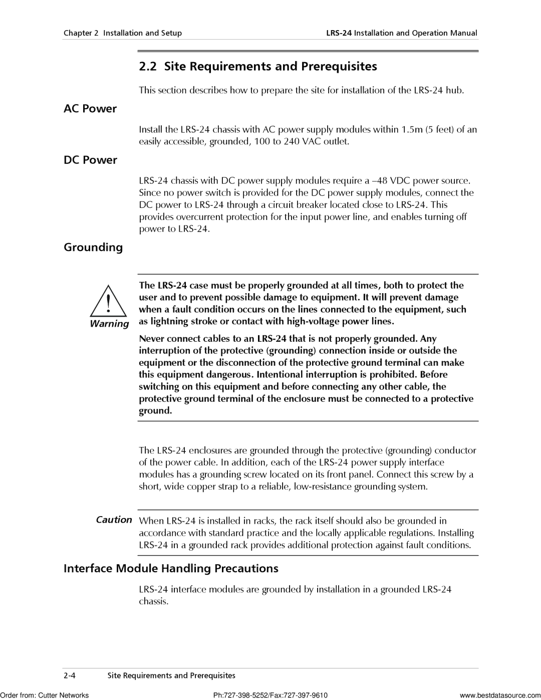 RAD Data comm LRS-24 operation manual Site Requirements and Prerequisites, AC Power, DC Power, Grounding 