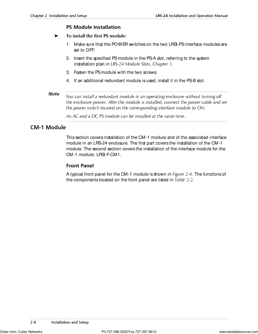 RAD Data comm LRS-24 operation manual CM-1 Module, PS Module Installation, Front Panel, To install the first PS module 