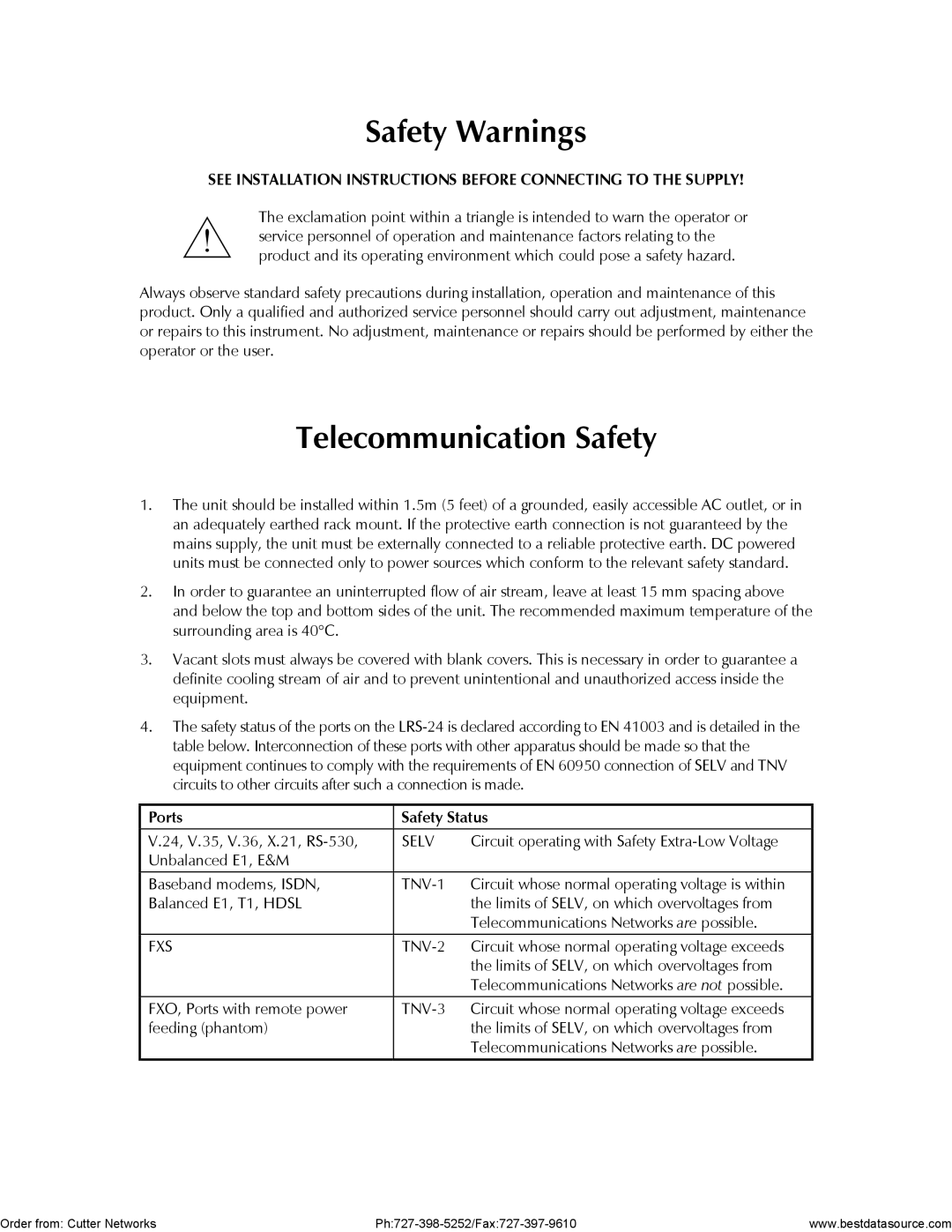 RAD Data comm LRS-24 operation manual Safety Warnings, Ports Safety Status 