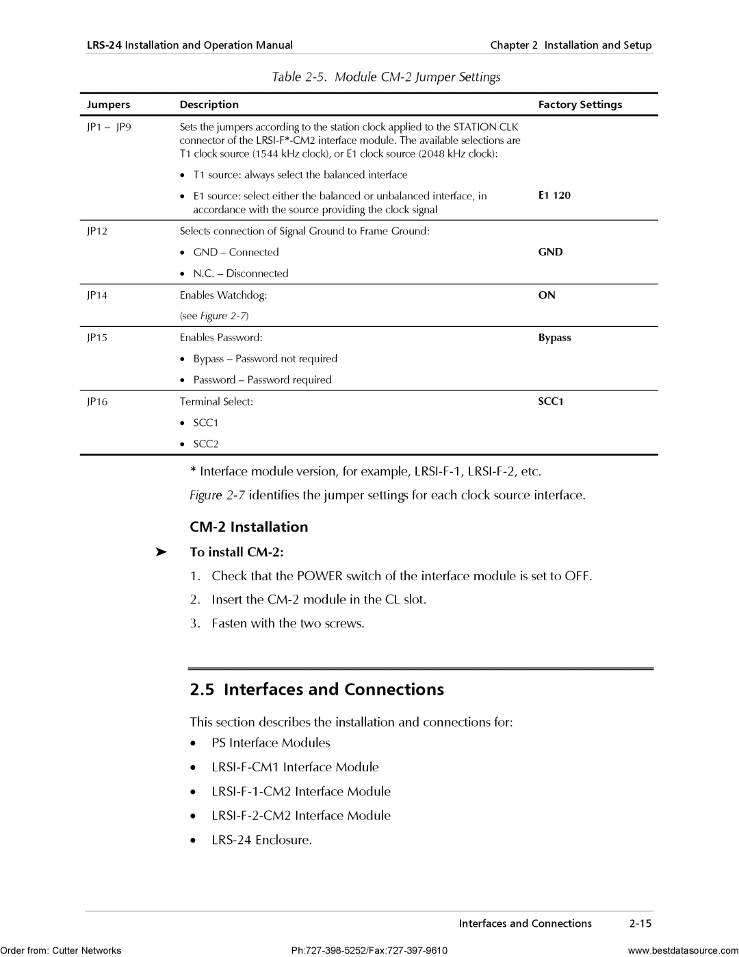 RAD Data comm LRS-24 Interfaces and Connections, CM-2 Installation, Module CM-2 Jumper Settings, To install CM-2 